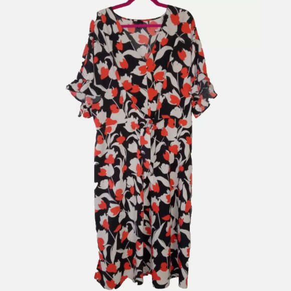 Who What Wear Midi Orange Black Cream Floral Front Tie Dress‎ Size 1X NWOT - Picture 2 of 5